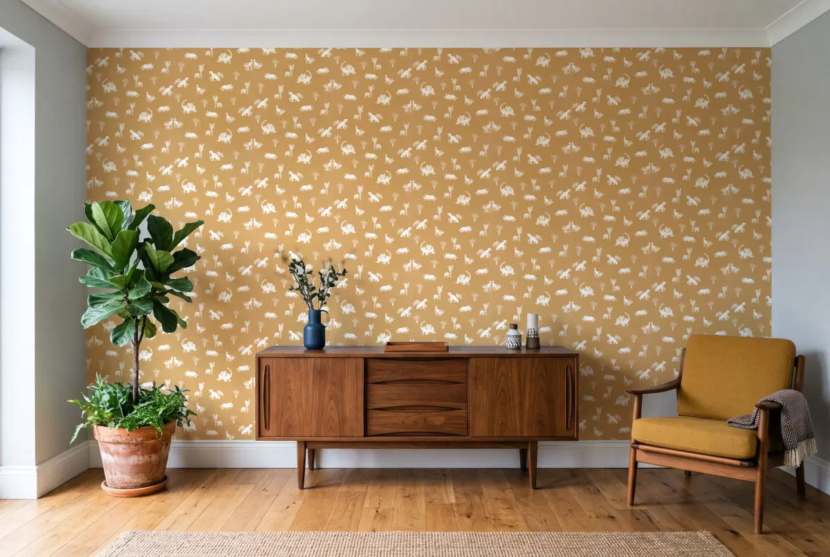 Шпалери Texdecor Our Planet динозавры песок OUP101932112 в інтер'єрі