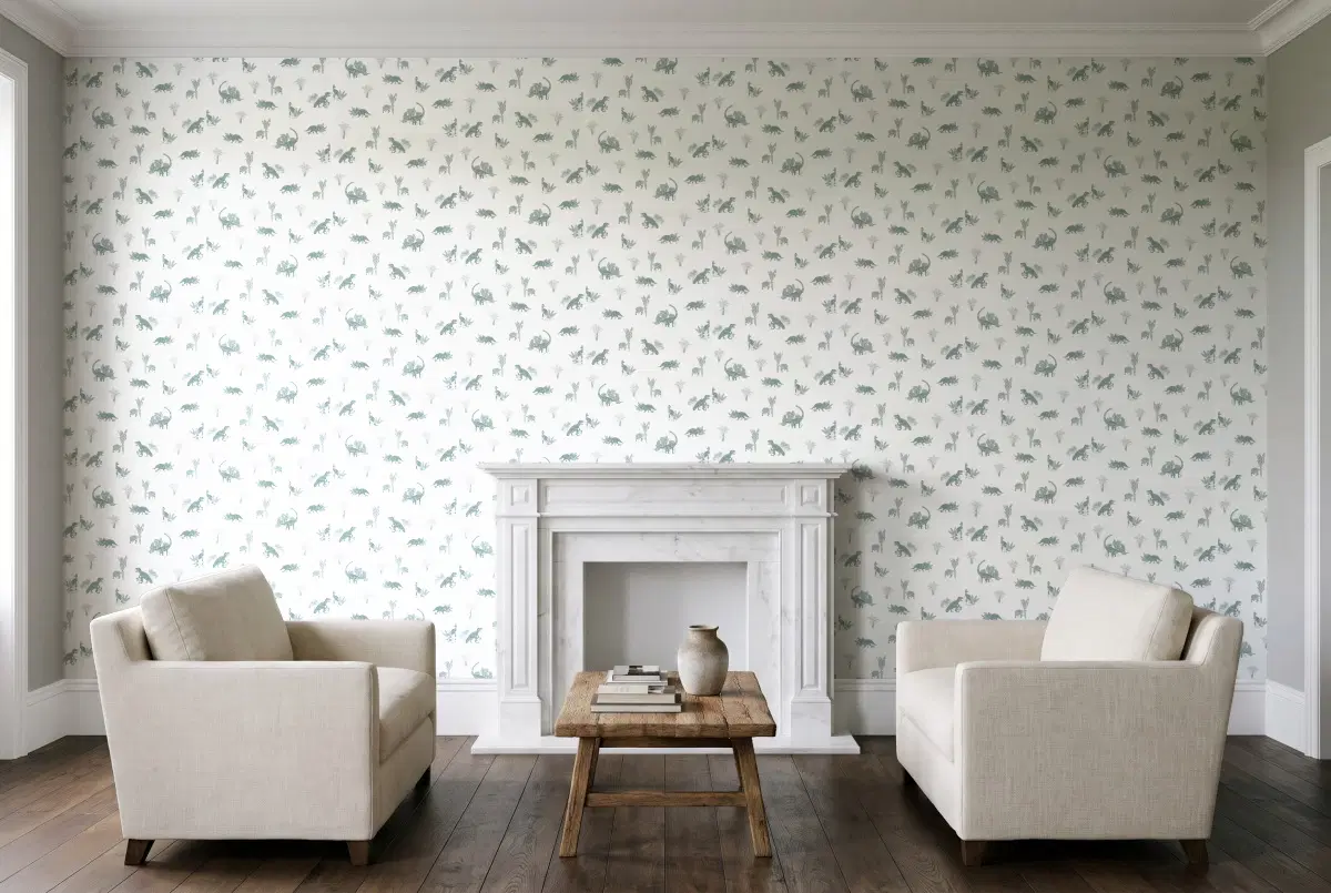 Шпалери Texdecor Our Planet динозавры бело-сине-зелений OUP101937105 в інтер'єрі