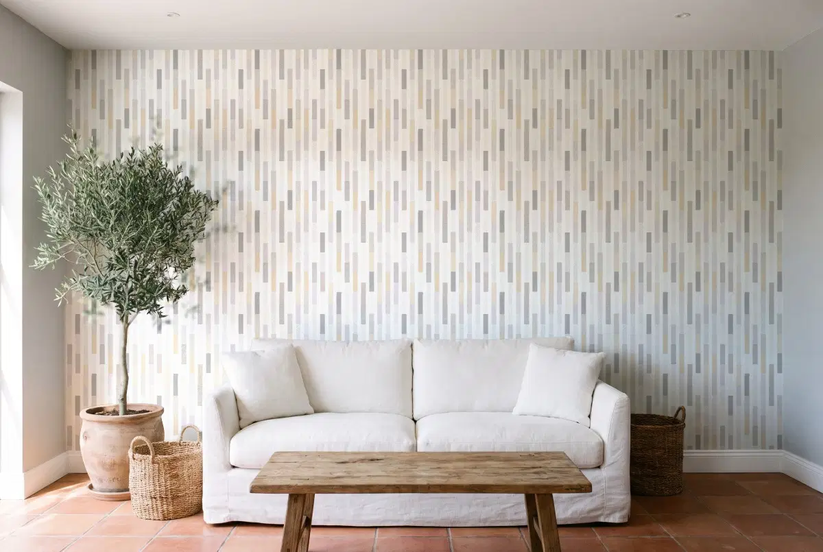 Шпалери Texdecor Swing точка-полоса сер-беж SNG68891001 в інтер'єрі